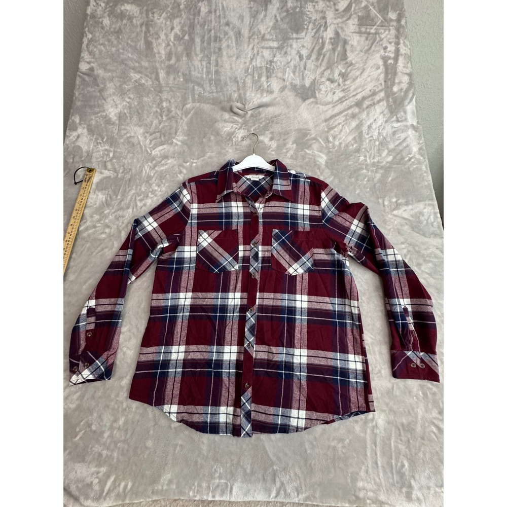 Natural Reflections Womens Plaid Flannel Button Down Shirt Burgundy Navy Large